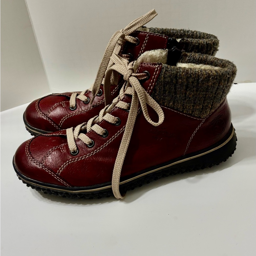 Rieker Z4243 lace up ankle boots in burgundy synthetic leather with knitted cuff